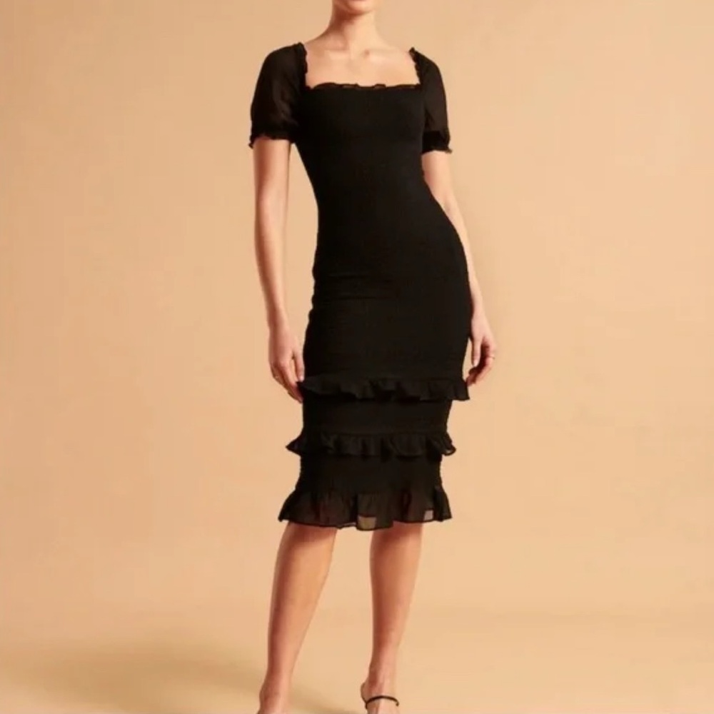 Abercrombie & Fitch Black Ruffled Bodycon Midi Dress